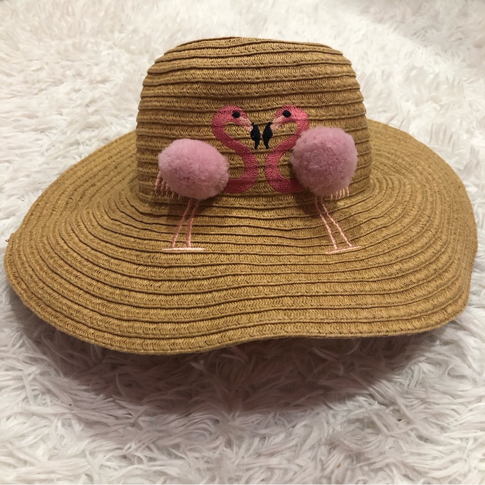 Embroidered Flamingo Pom Pom Straw Hat OS